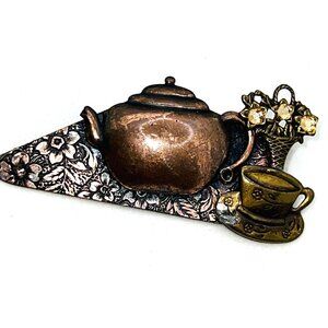 Vintage Copper & Brass Teapot Brooch With Floral Design & Rhinestone Accents